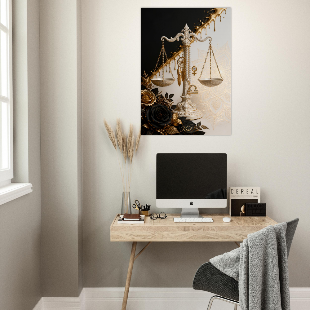 Libra Zodiac Scales Poster, Gold Wall Art, Astrology Canvas, Scales Portrait, Zodiac Gift for Her, Danish Art Studio