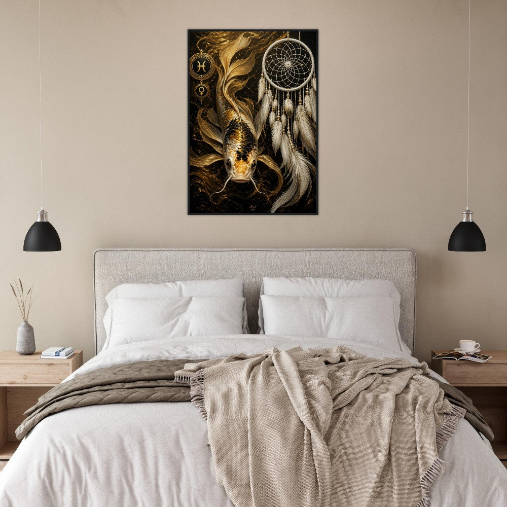 Pisces Zodiac Koi Poster, Gold Wall Art, Astrology Canvas, Koi Portrait, Zodiac Gift for Her, Danish Art Studio