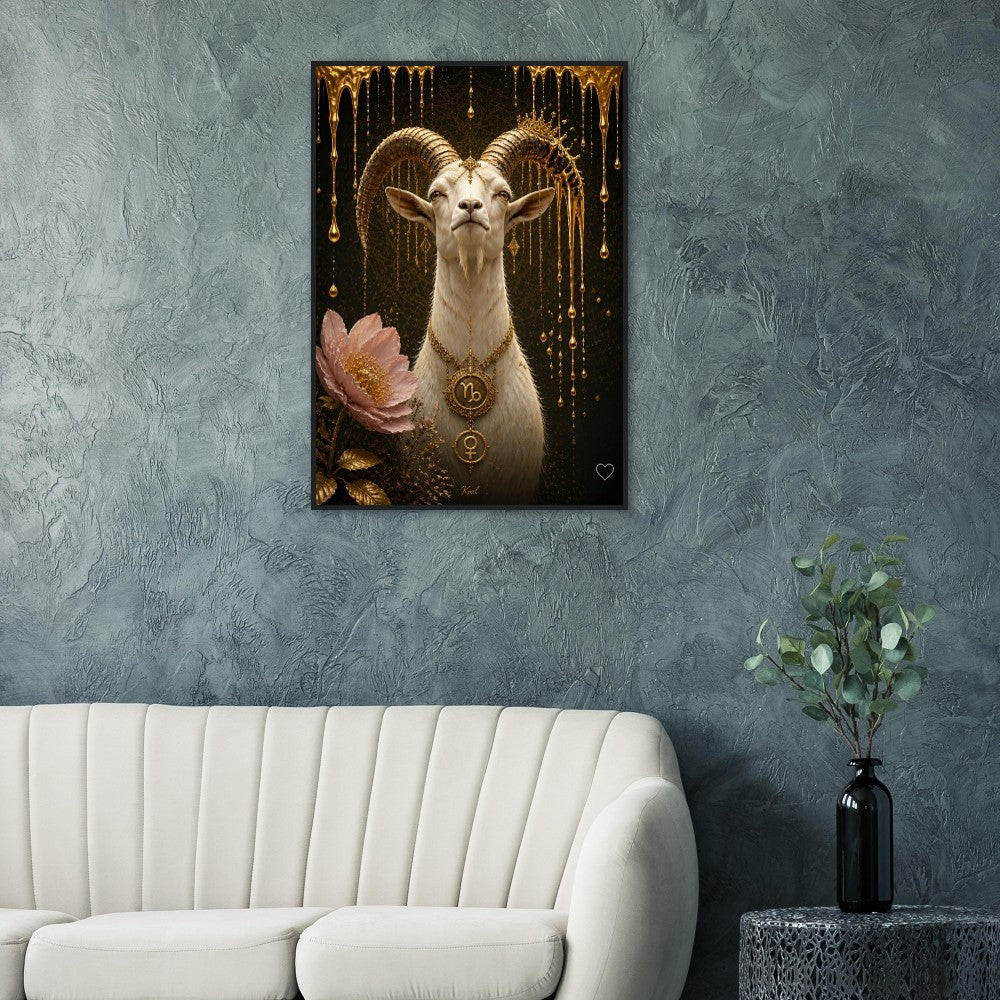 Capricorn Zodiac Goat Poster, Gold Wall Art, Astrology Canvas, Goat Portrait, Zodiac Gift for Her, Danish Art Studio