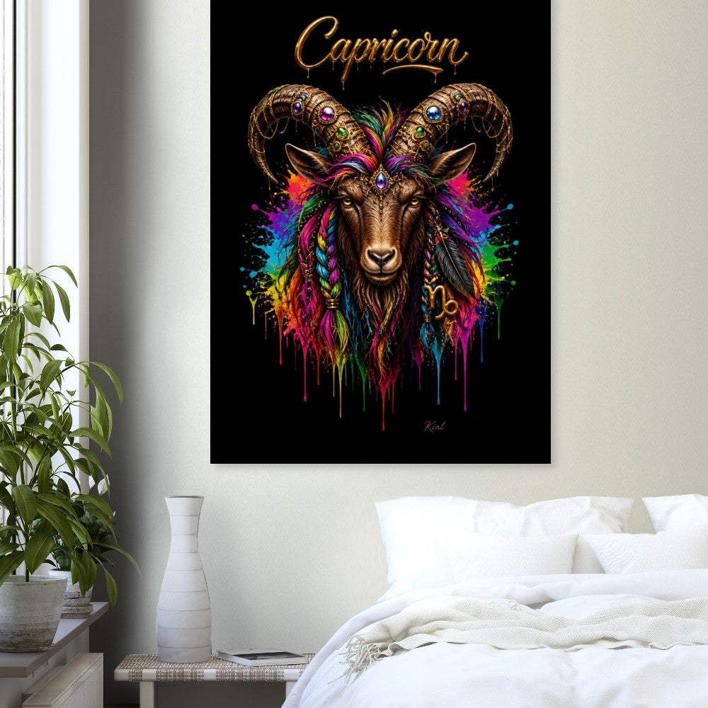 Capricorn Neon Zodiac Goat Poster, Colorful Wall Art, Artistic Astrology Canvas, Zodiac Gift for Him, Danish Art Studio