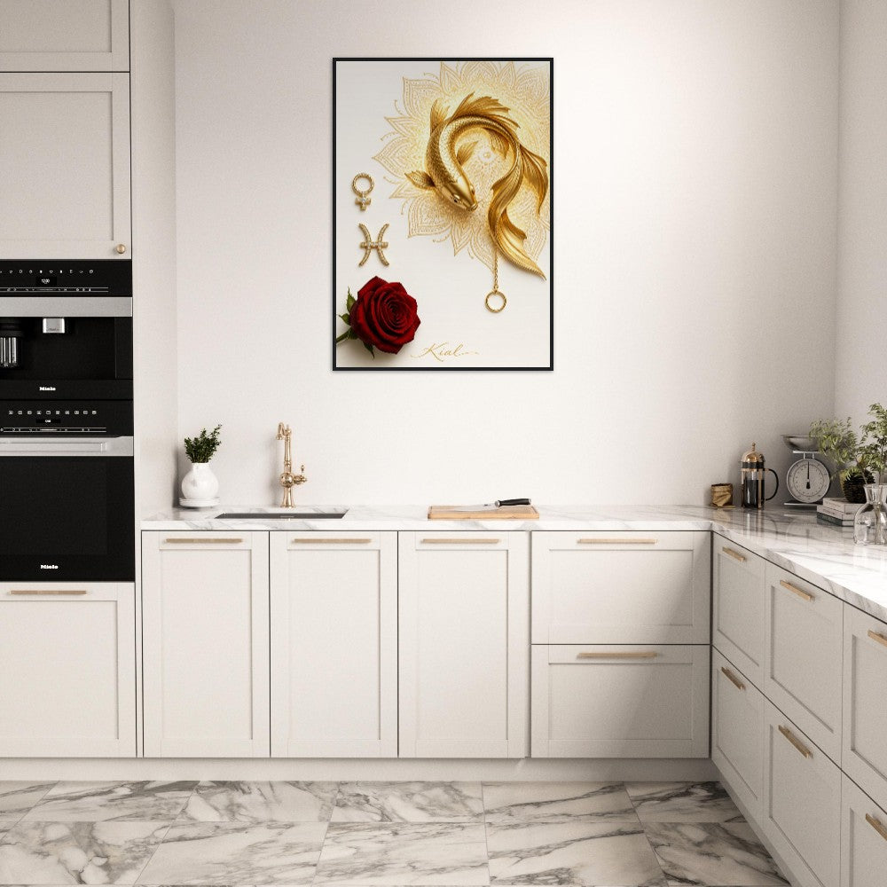 Pisces Zodiac Koi Poster, Gold Wall Art, Astrology Canvas, Koi Portrait, Zodiac Gift for Her, Danish Art Studio