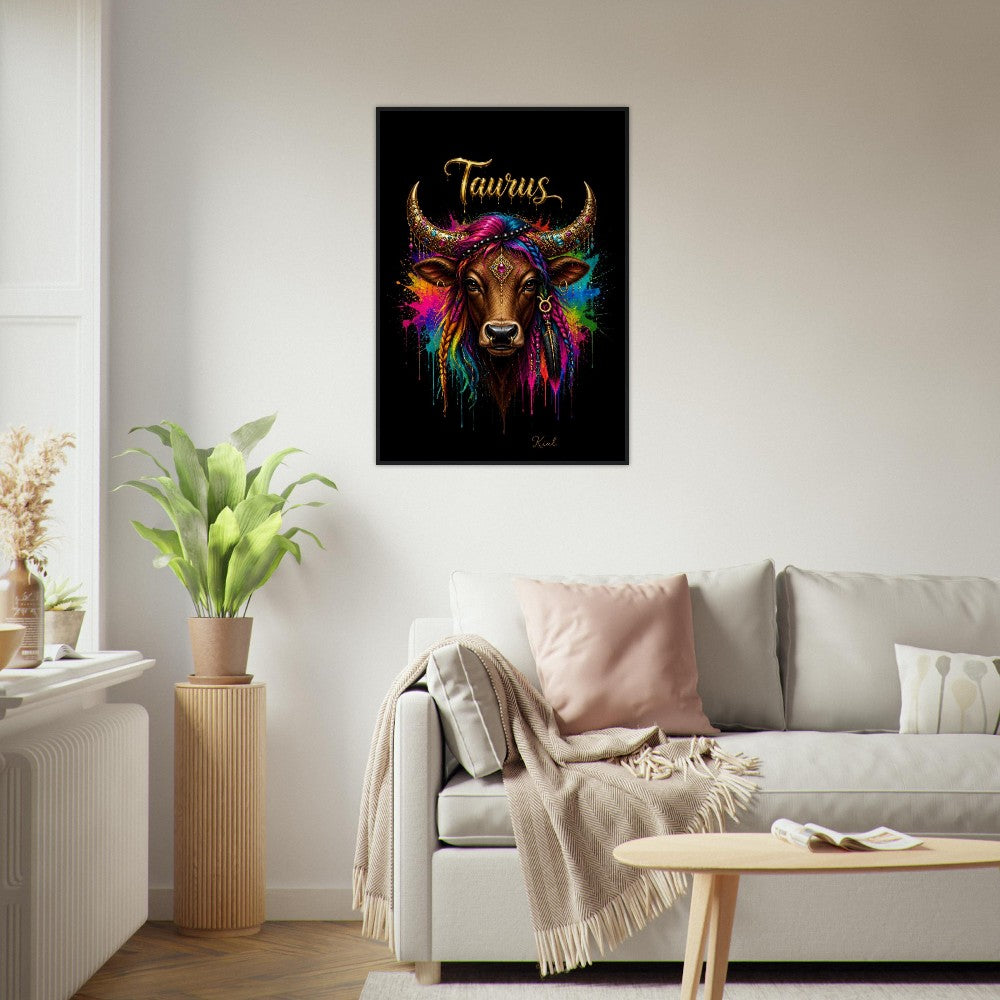 Taurus Neon Zodiac Bull Poster, Colorful Wall Art, Artistic Astrology Canvas, Zodiac Gift for Her, Danish Art Studio