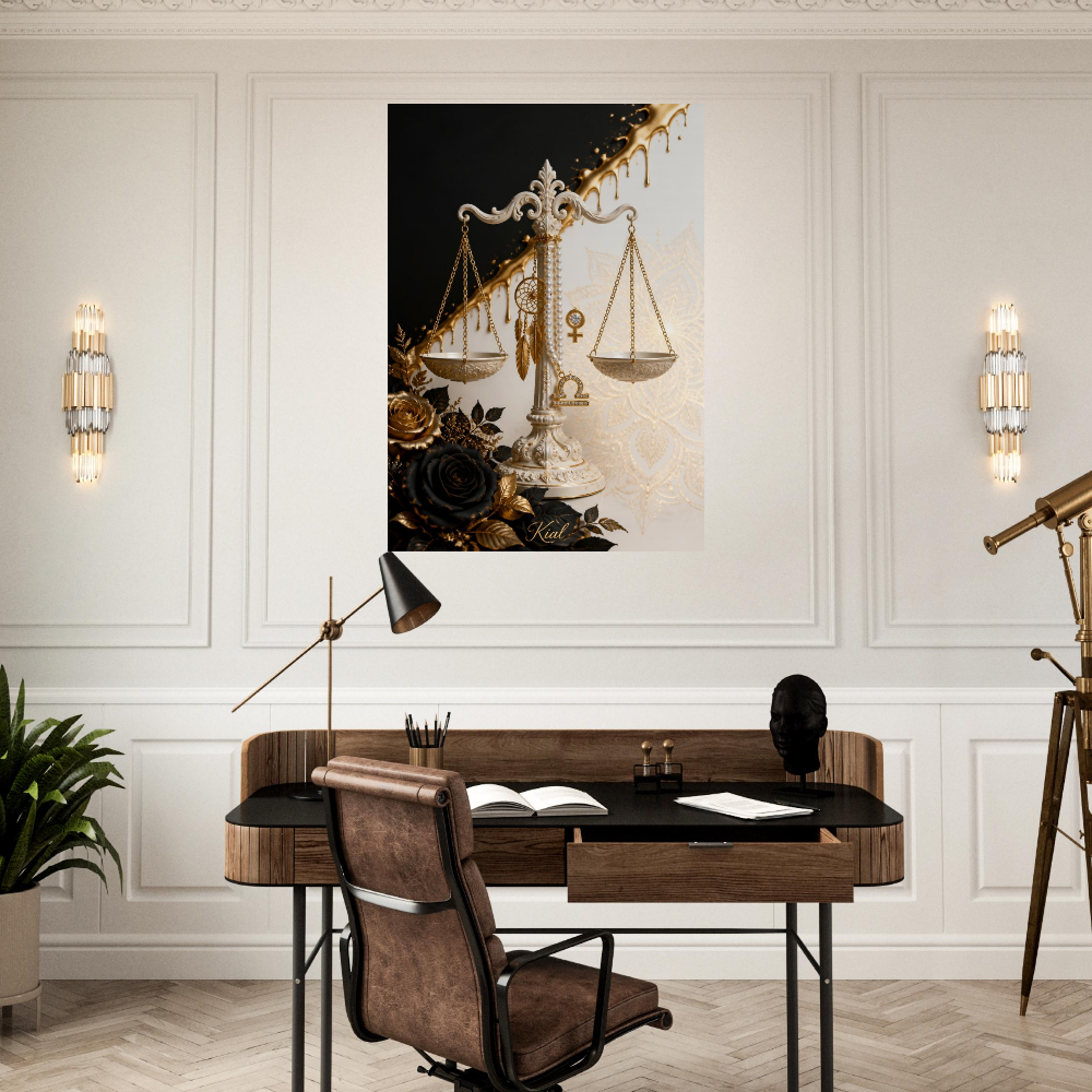 Libra Zodiac Scales Poster, Gold Wall Art, Astrology Canvas, Scales Portrait, Zodiac Gift for Her, Danish Art Studio
