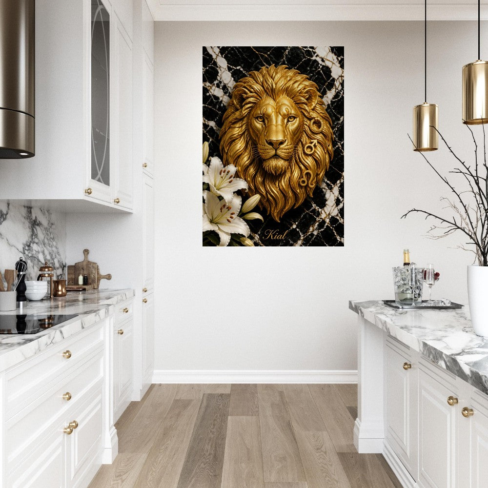 Leo Zodiac Lion Poster, Gold Wall Art, Astrology Canvas, Lion Portrait, Zodiac Gift for Him, Danish Art Studio