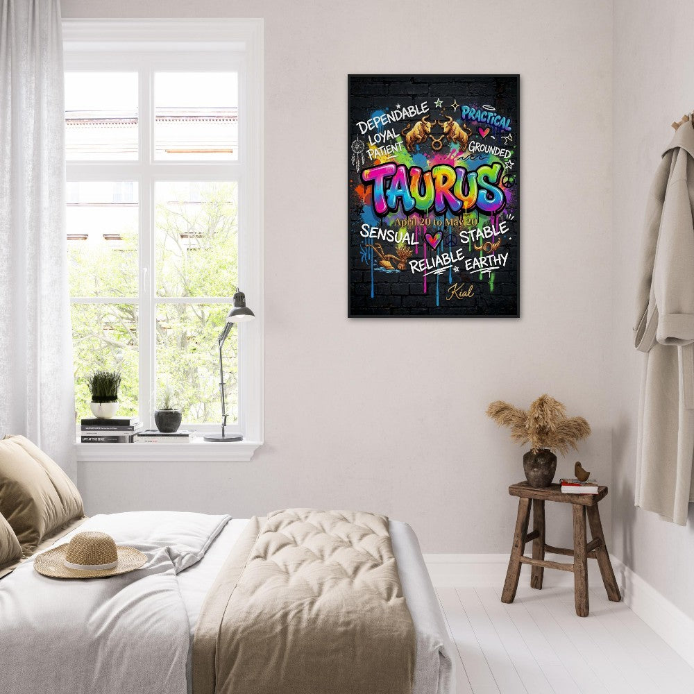 Taurus Neon Graffiti Zodiac Poster, Dark Background, Colorful Street Art, Zodiac Gift for Her, Danish Art Studio