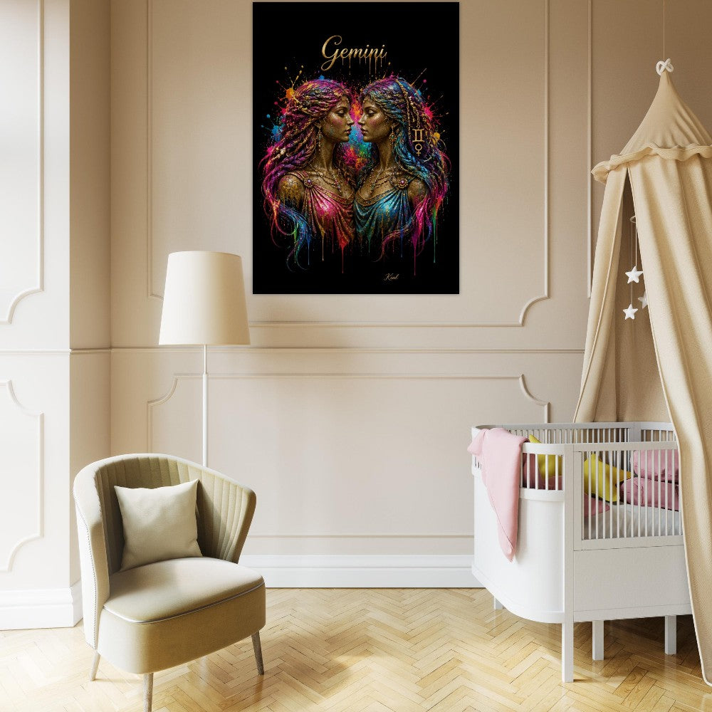 Gemini Neon Zodiac Twins Poster, Colorful Wall Art, Artistic Astrology Canvas, Zodiac Gift for Her, Danish Art Studio