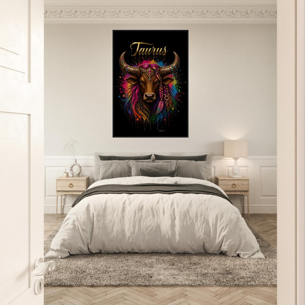 Taurus Neon Zodiac Bull Poster, Colorful Wall Art, Artistic Astrology Canvas, Zodiac Gift for Her, Danish Art Studio