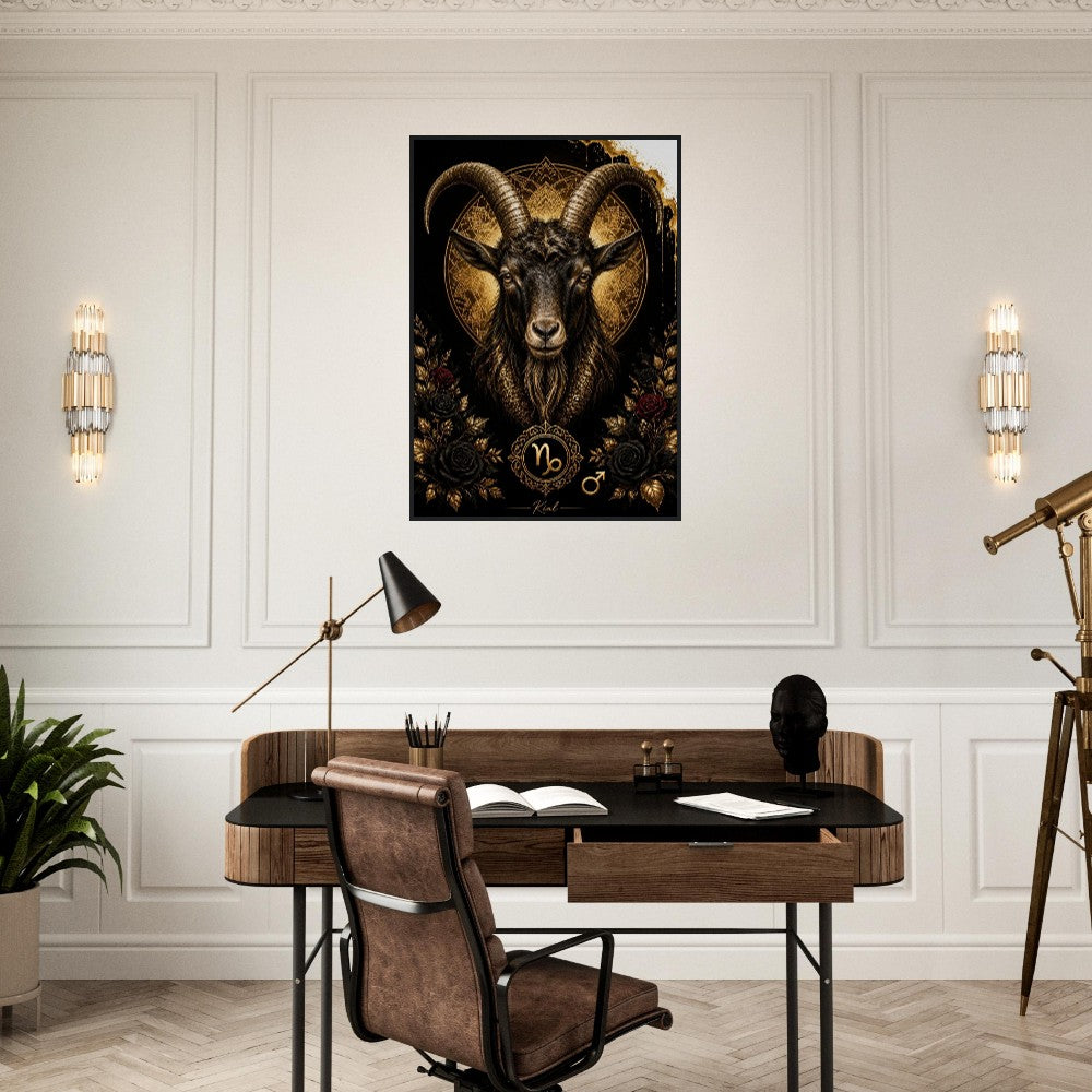 Capricorn Zodiac Goat Poster, Gold Wall Art, Astrology Canvas, Goat Portrait, Zodiac Gift for Him, Danish Art Studio