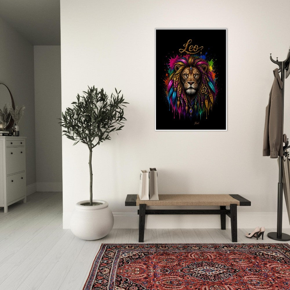 Leo Neon Zodiac Lion Poster, Colorful Wall Art, Artistic Astrology Canvas, Zodiac Gift for Him, Danish Art Studio