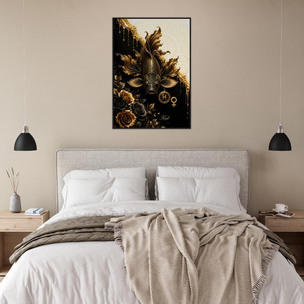 Pisces Zodiac Koi Poster, Gold Wall Art, Astrology Canvas, Koi Portrait, Zodiac Gift for Her, Danish Art Studio
