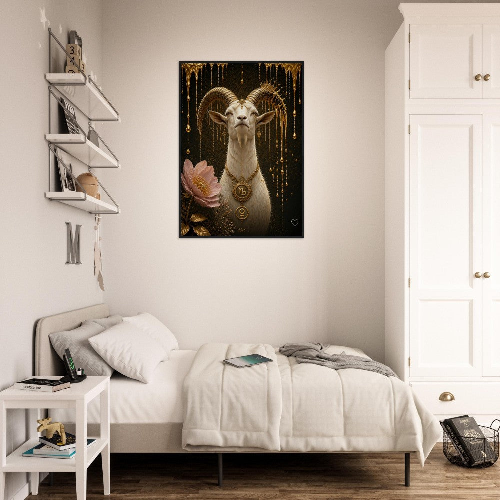 Capricorn Zodiac Goat Poster, Gold Wall Art, Astrology Canvas, Goat Portrait, Zodiac Gift for Her, Danish Art Studio