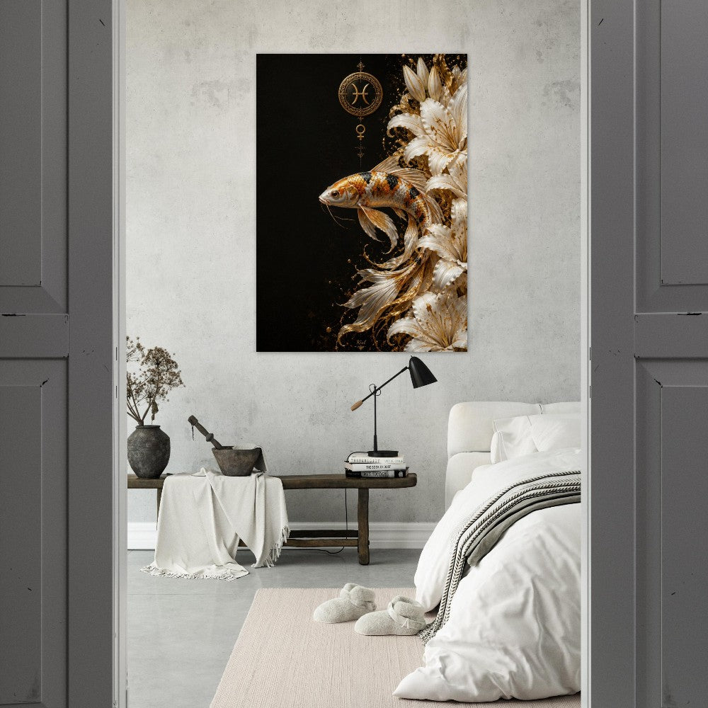 Pisces Zodiac Koi Poster, Gold Wall Art, Astrology Canvas, Koi Portrait, Zodiac Gift for Her, Danish Art Studio