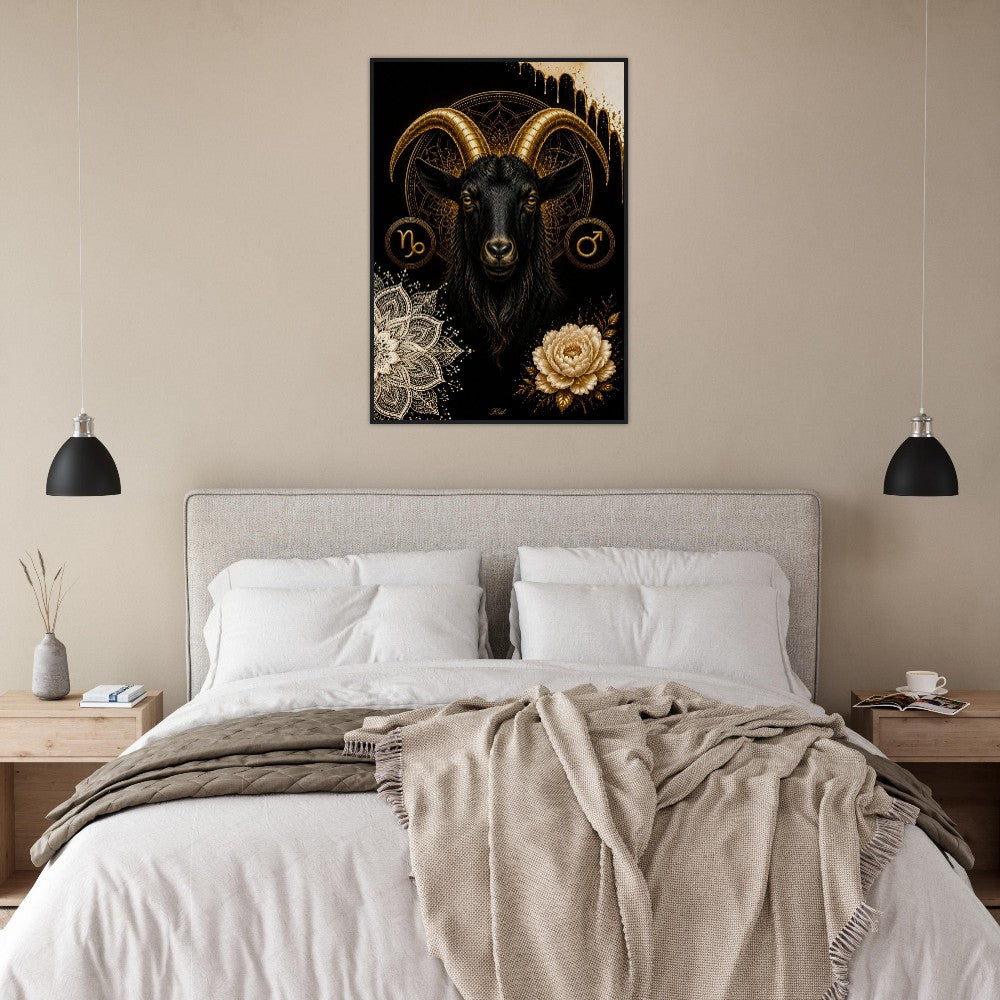 Capricorn Zodiac Goat Poster, Gold Wall Art, Astrology Canvas, Goat Portrait, Zodiac Gift for Him, Danish Art Studio