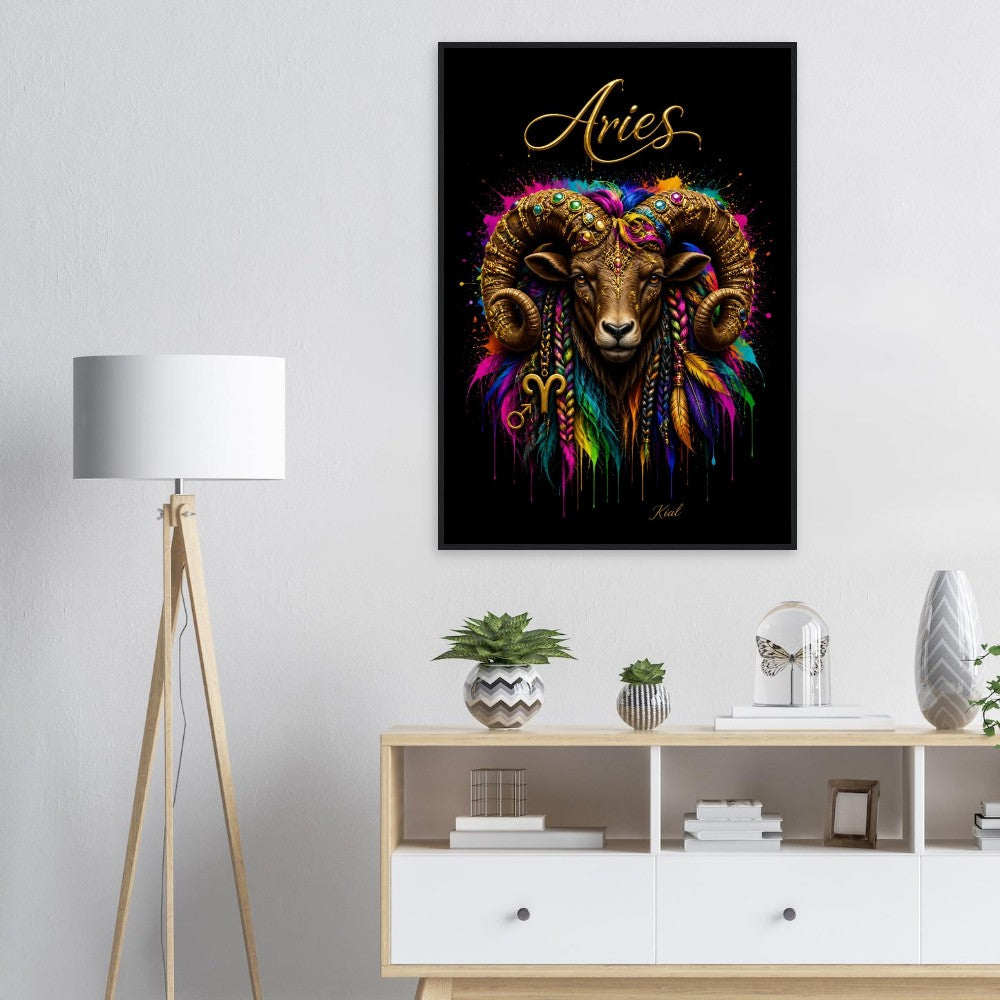 Aries Neon Zodiac Ram Poster, Colorful Wall Art, Artistic Astrology Canvas, Zodiac Gift for Him, Danish Art Studio