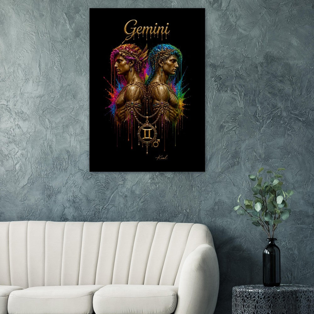 Gemini Neon Zodiac Twins Plakat, Farverig Vægkunst, Kunstnerisk Astrologi Lærred, Stjernetegnsgave til Ham, Danish Art Studio