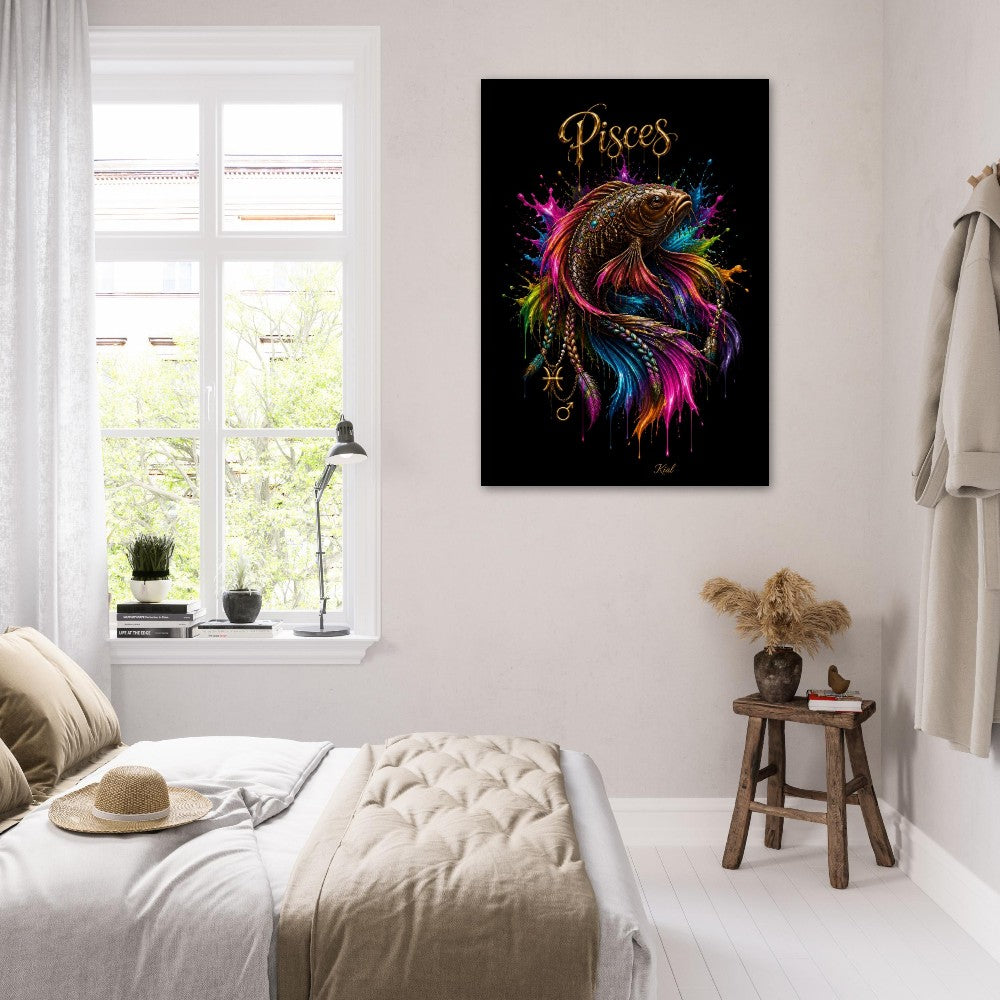 Pisces Neon Zodiac Koi Poster, Colorful Wall Art, Artistic Astrology Canvas, Zodiac Gift for Him, Danish Art Studio