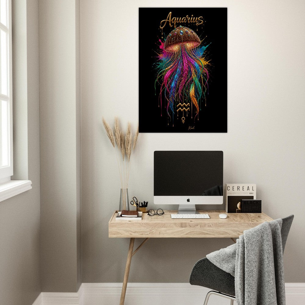 Aquarius Neon Zodiac Jellyfish Poster, Colorful Wall Art, Zodiac Gift for Her, Danish Art Studio