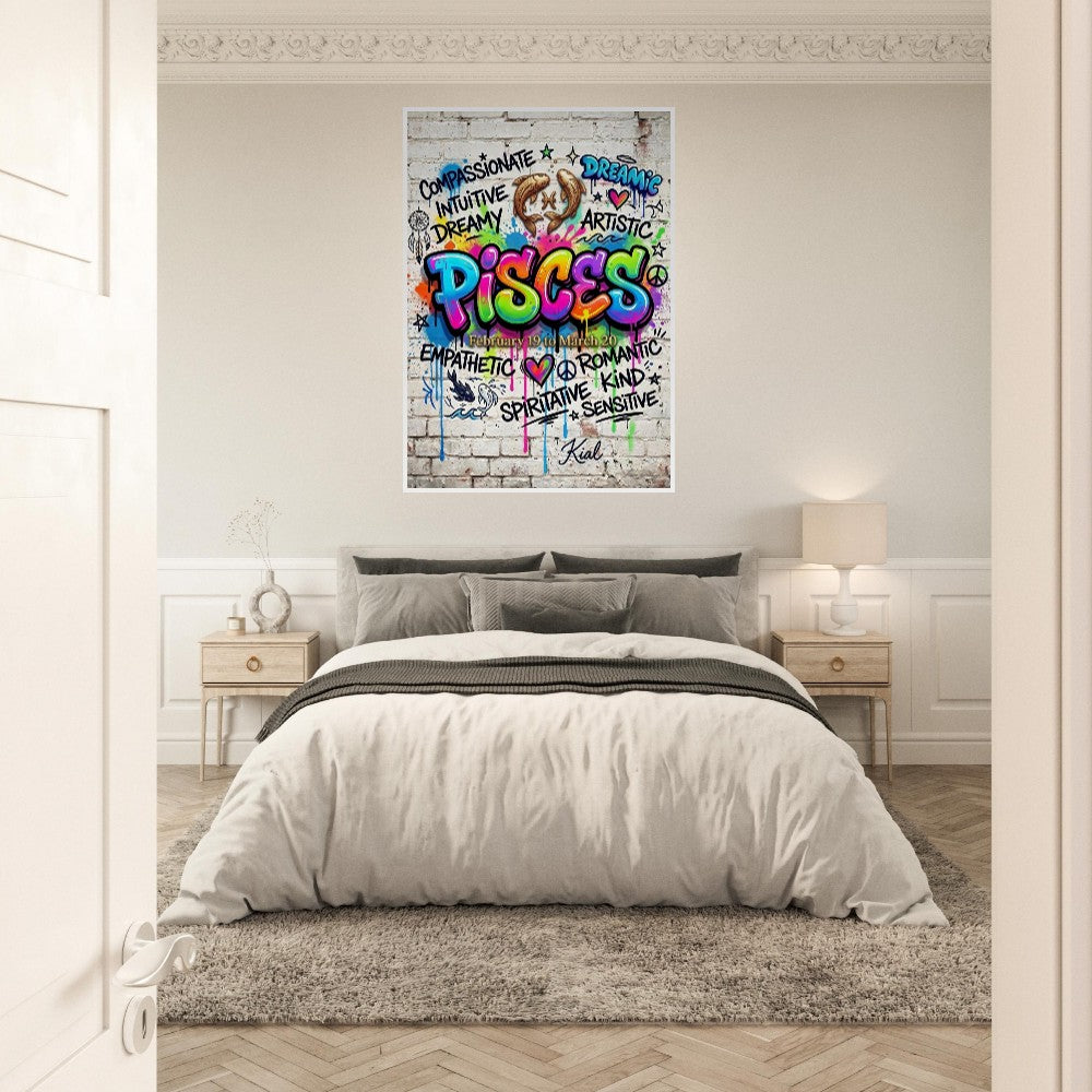 Pisces Neon Graffiti Zodiac Poster, Colorful Street Art, Zodiac Gift for Her, Danish Art Studio