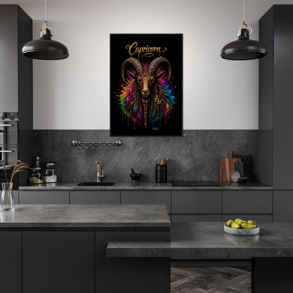 Capricorn Neon Zodiac Goat Poster, Colorful Wall Art, Artistic Astrology Canvas, Zodiac Gift for Him, Danish Art Studio