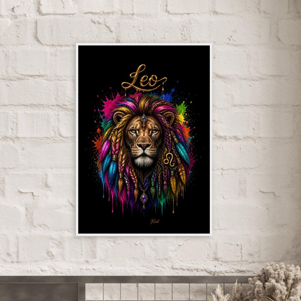 Leo Neon Zodiac Lion Poster, Colorful Wall Art, Artistic Astrology Canvas, Zodiac Gift for Him, Danish Art Studio