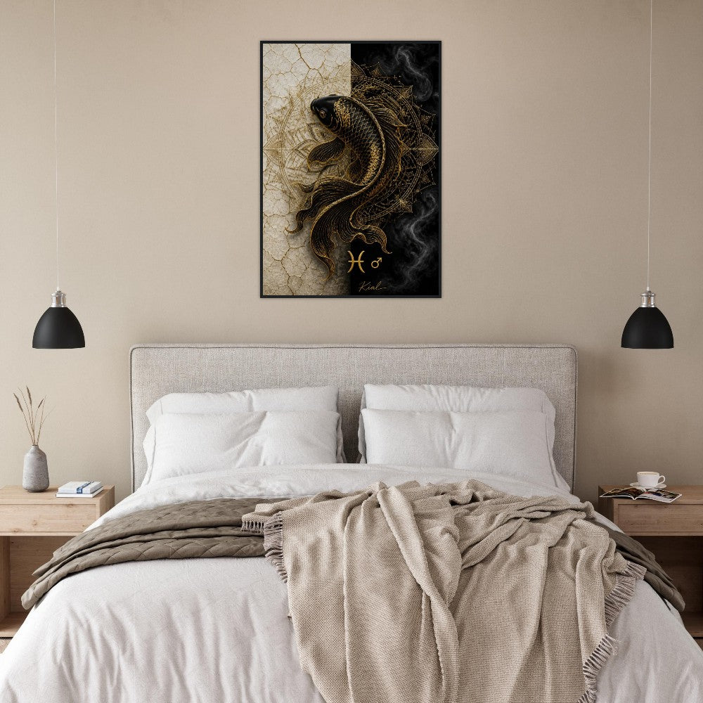 Pisces Zodiac Koi Poster, Gold Wall Art, Astrology Canvas, Koi Portrait, Zodiac Gift for Him, Danish Art Studio