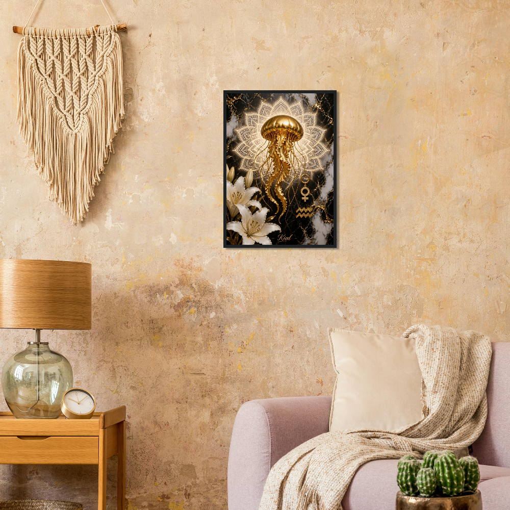 Aquarius Zodiac Jellyfish Poster, Gold Wall Art, Zodiac Gift for Her, Danish Art Studio