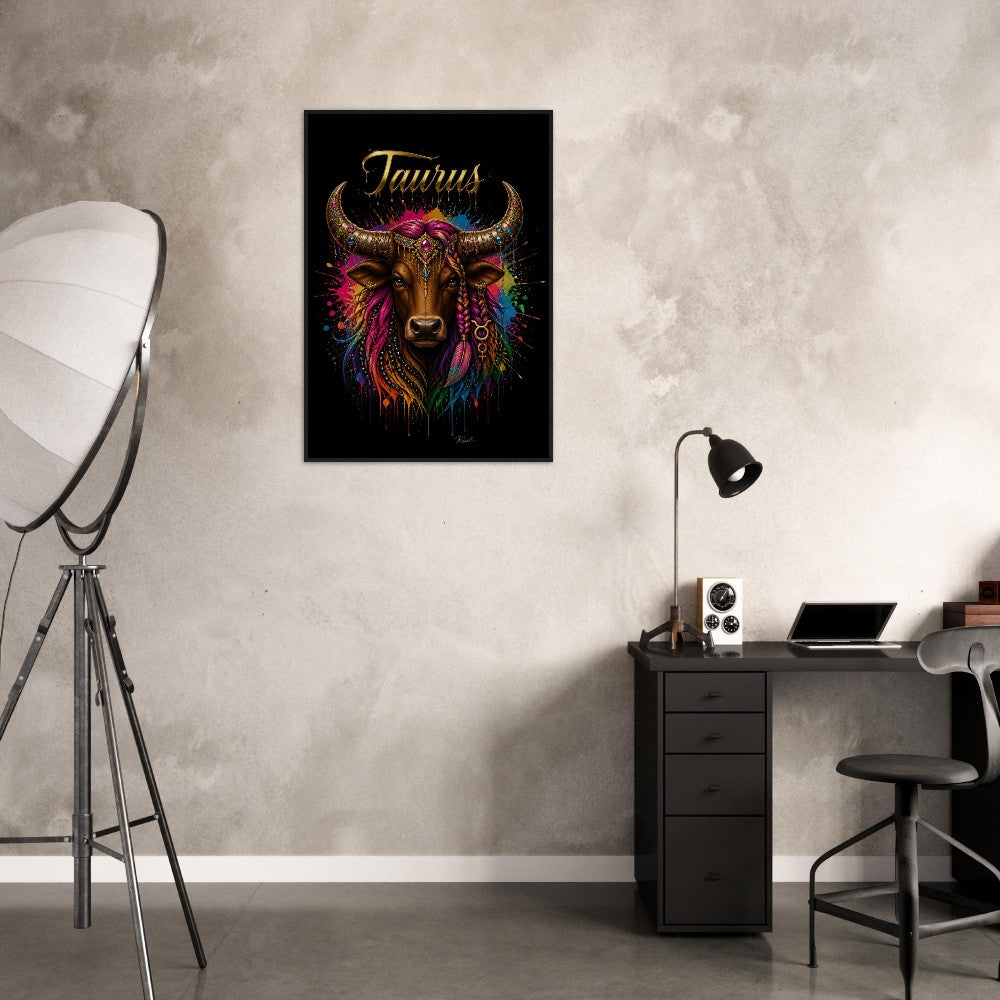 Taurus Neon Zodiac Bull Poster, Colorful Wall Art, Artistic Astrology Canvas, Zodiac Gift for Her, Danish Art Studio