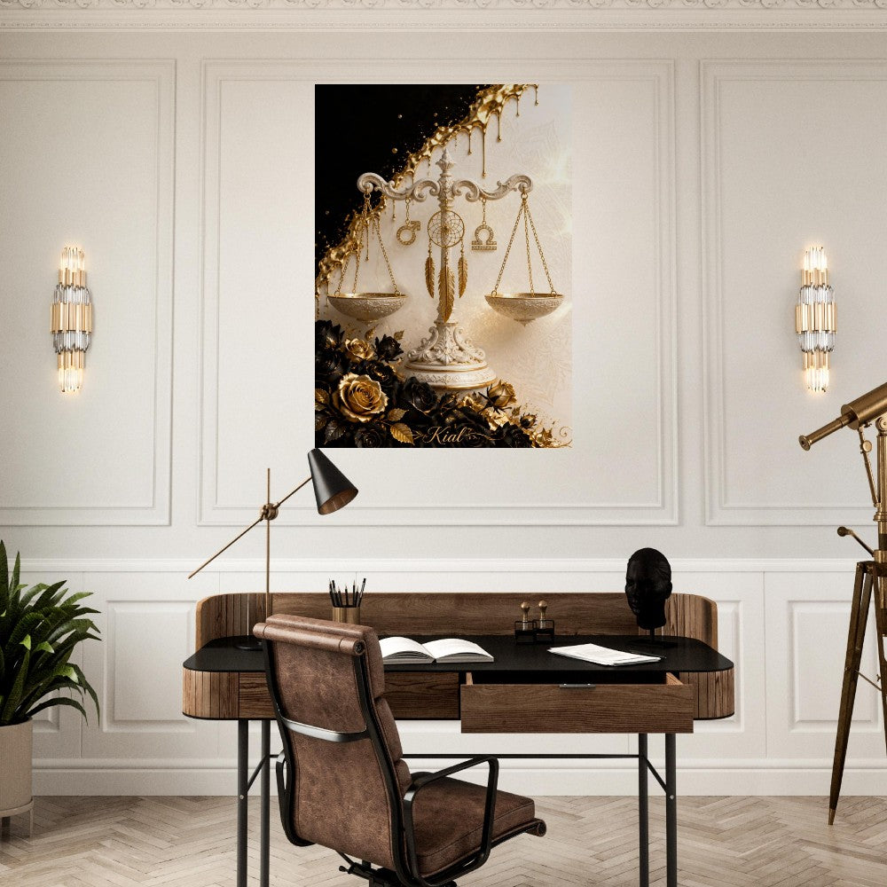 Libra Zodiac Scales Poster, Gold Wall Art, Astrology Canvas, Scales Portrait, Zodiac Gift for Him, Danish Art Studio