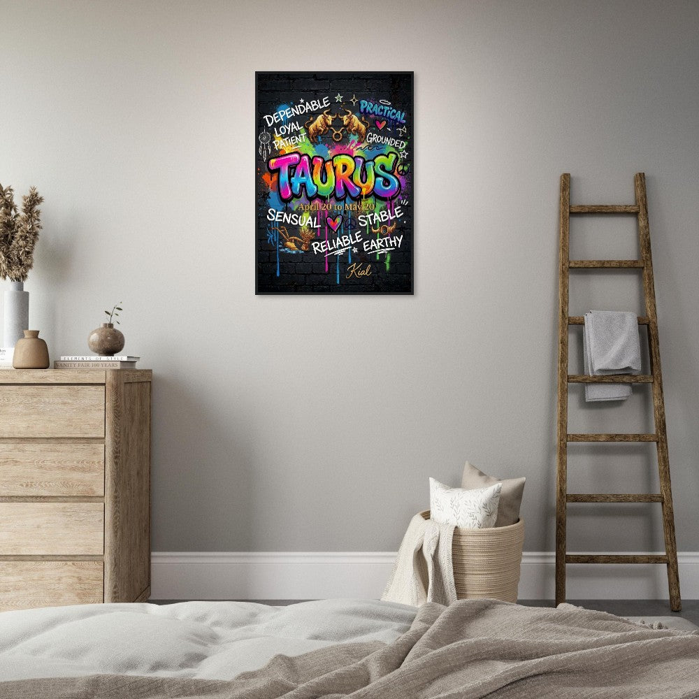 Taurus Neon Graffiti Zodiac Poster, Dark Background, Colorful Street Art, Zodiac Gift for Her, Danish Art Studio