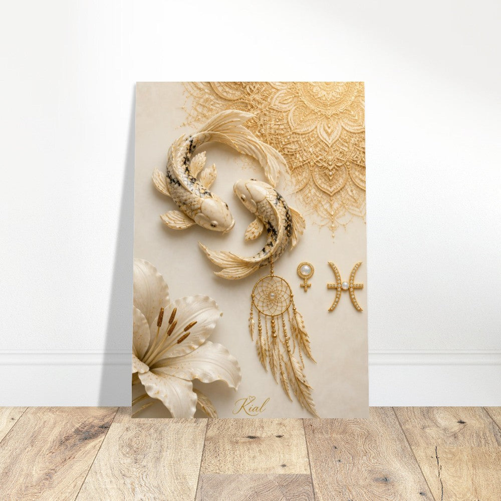 Pisces Zodiac Koi Poster, Gold Wall Art, Astrology Canvas, Koi Portrait, Zodiac Gift for Her, Danish Art Studio