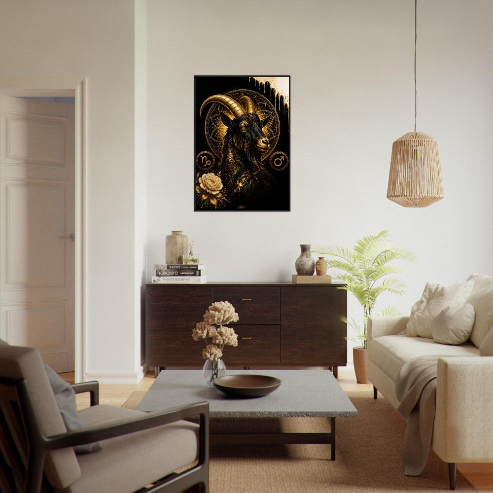 Capricorn Zodiac Goat Poster, Gold Wall Art, Astrology Canvas, Goat Portrait, Zodiac Gift for Him, Danish Art Studio
