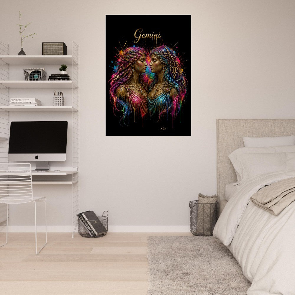 Gemini Neon Zodiac Tvillinger Plakat, Farverig Vægkunst, Kunstnerisk Astrologi Lærred, Horoskop Gave til Hende, Danish Art Studio