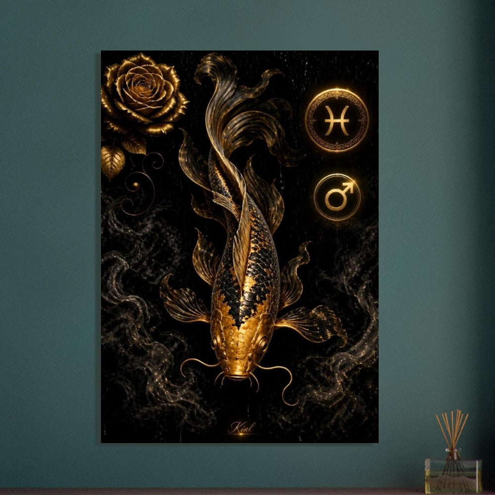 Pisces Zodiac Koi Poster, Gold Wall Art, Astrology Canvas, Koi Portrait, Zodiac Gift for Him, Danish Art Studio