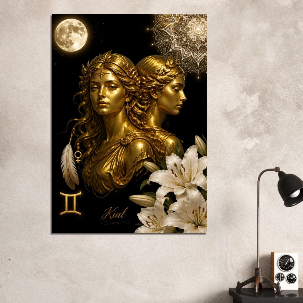 Gemini Zodiac Twins Poster, Gold Wall Art, Astrology Canvas, Twins Portrait, Zodiac Gift for Her, Danish Art Studio