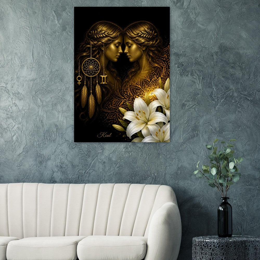 Gemini Zodiac Twins Poster, Gold Wall Art, Astrology Canvas, Twins Portrait, Zodiac Gift for Her, Danish Art Studio