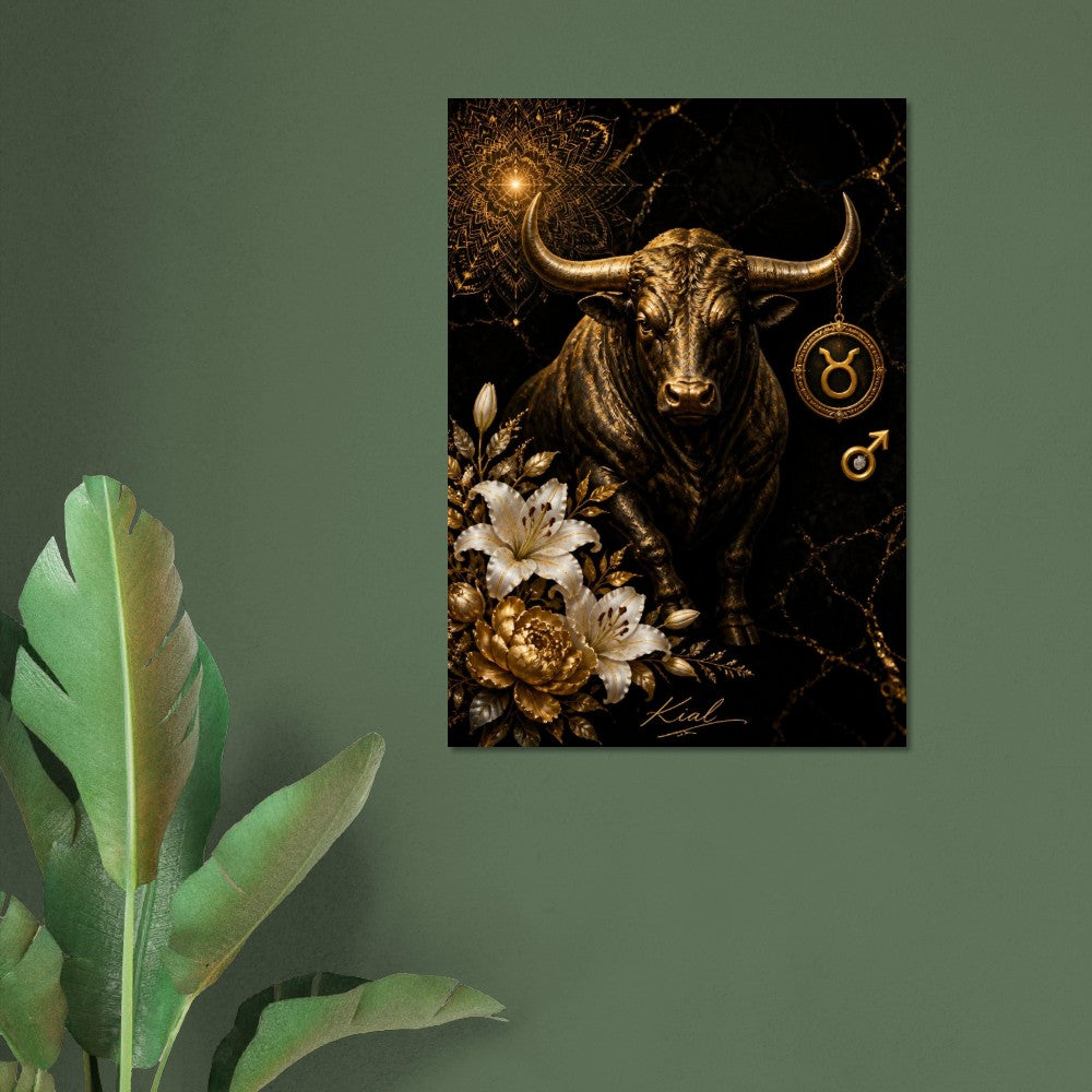 Taurus Zodiac Bull Poster, Gold Wall Art, Astrology Canvas, Bull Portrait, Zodiac Gift for Him, Danish Art Studio