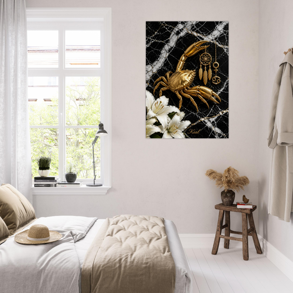 Cancer Zodiac Crab Poster, Gold Wall Art, Astrology Canvas, Crab Portrait, Zodiac Gift for Her, Danish Art Studio