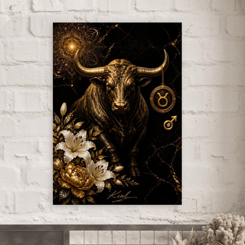 Taurus Zodiac Bull Poster, Gold Wall Art, Astrology Canvas, Bull Portrait, Zodiac Gift for Him, Danish Art Studio
