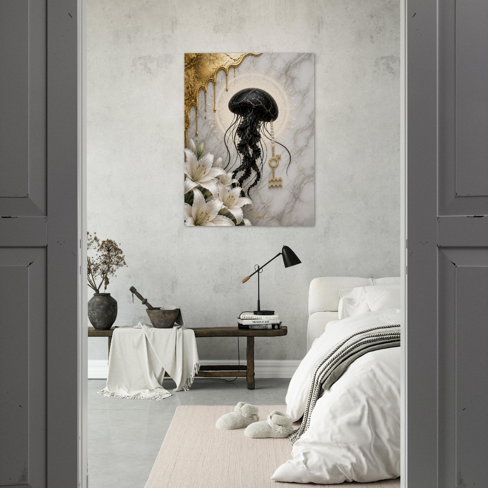Aquarius Zodiac Jellyfish Poster, Gold Wall Art, Zodiac Gift for Him, Danish Art Studio