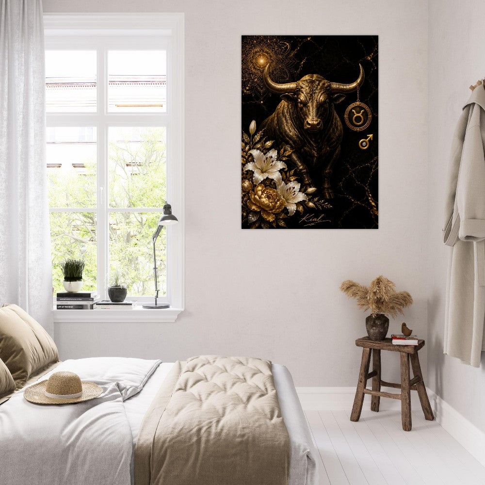 Taurus Zodiac Bull Poster, Gold Wall Art, Astrology Canvas, Bull Portrait, Zodiac Gift for Him, Danish Art Studio
