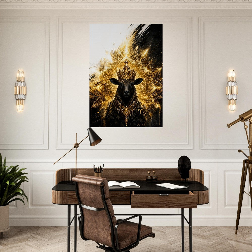 Aries Zodiac Ram Poster, Gold Wall Art, Astrology Canvas, Ram Portrait, Zodiac Gift for Her, Danish Art Studio