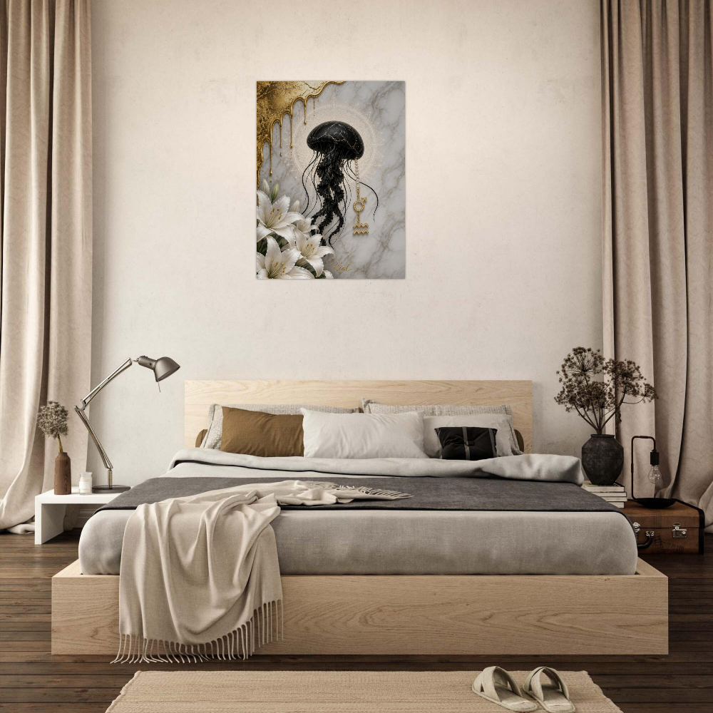 Aquarius Zodiac Jellyfish Poster, Gold Wall Art, Zodiac Gift for Him, Danish Art Studio