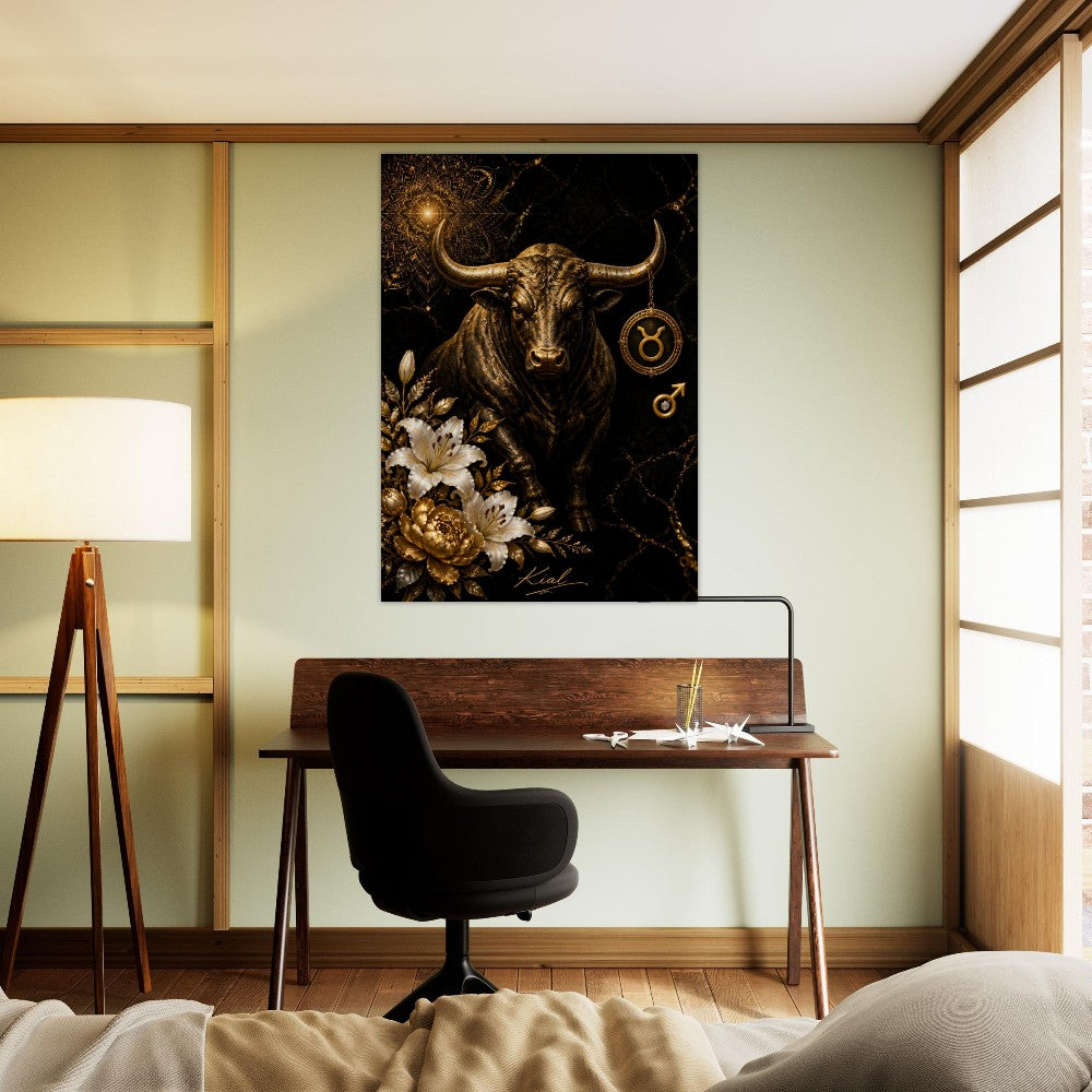 Taurus Zodiac Bull Poster, Gold Wall Art, Astrology Canvas, Bull Portrait, Zodiac Gift for Him, Danish Art Studio