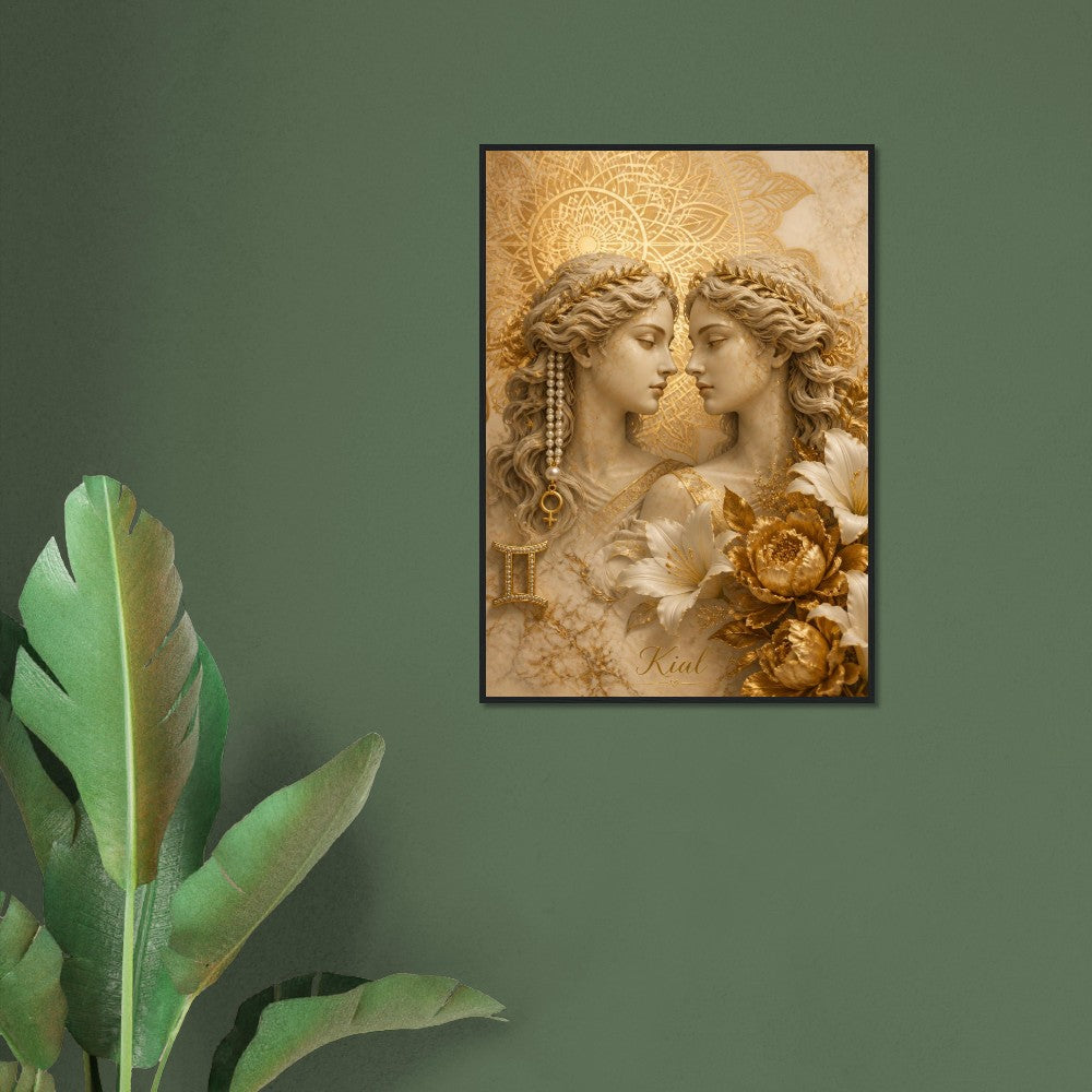 Gemini Zodiac Twins Poster, Gold Wall Art, Astrology Canvas, Twins Portrait, Zodiac Gift for Her, Danish Art Studio