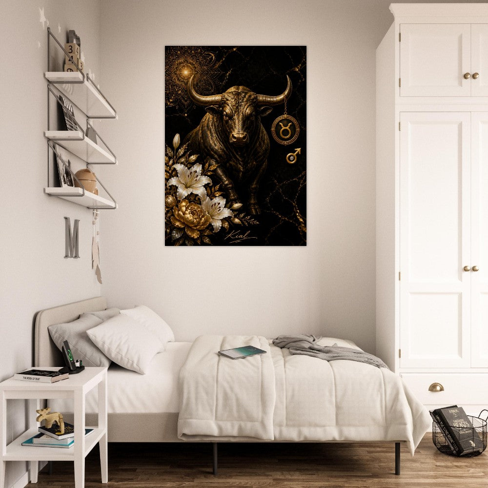 Taurus Zodiac Bull Poster, Gold Wall Art, Astrology Canvas, Bull Portrait, Zodiac Gift for Him, Danish Art Studio