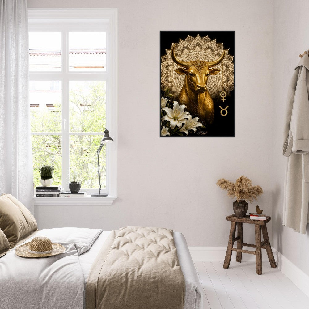Taurus Zodiac Bull Poster, Gold Wall Art, Astrology Canvas, Bull Portrait, Zodiac Gift for Her, Danish Art Studio