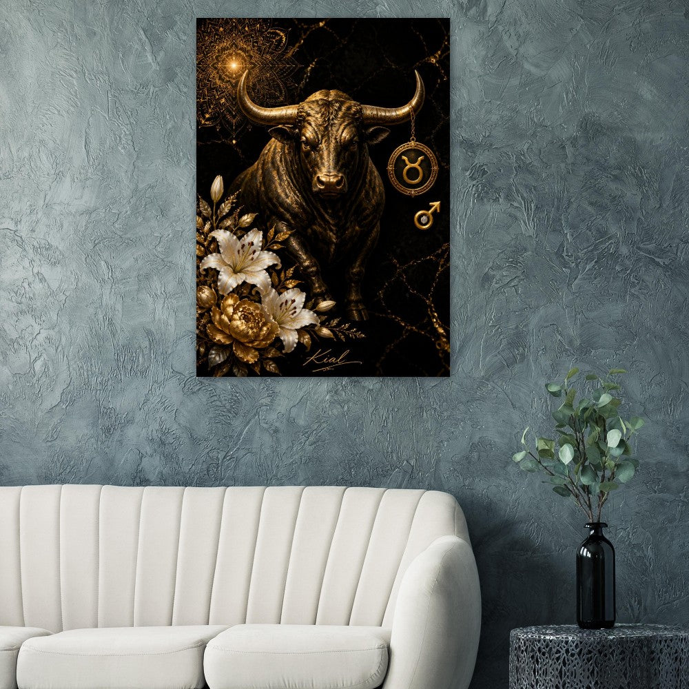 Taurus Zodiac Bull Poster, Gold Wall Art, Astrology Canvas, Bull Portrait, Zodiac Gift for Him, Danish Art Studio