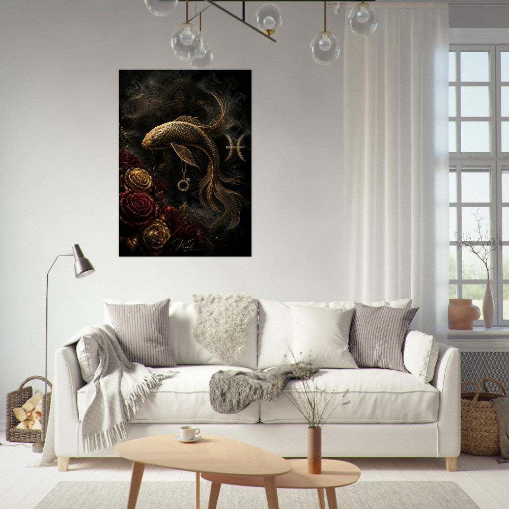 Pisces Zodiac Koi Poster, Gold Wall Art, Astrology Canvas, Koi Portrait, Zodiac Gift for Him, Danish Art Studio