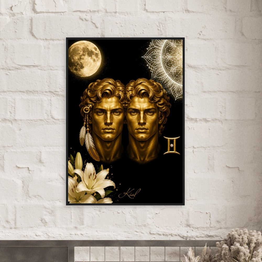 Gemini Zodiac Twins Poster, Gold Wall Art, Astrology Canvas, Twins Portrait, Zodiac Gift for Him, Danish Art Studio