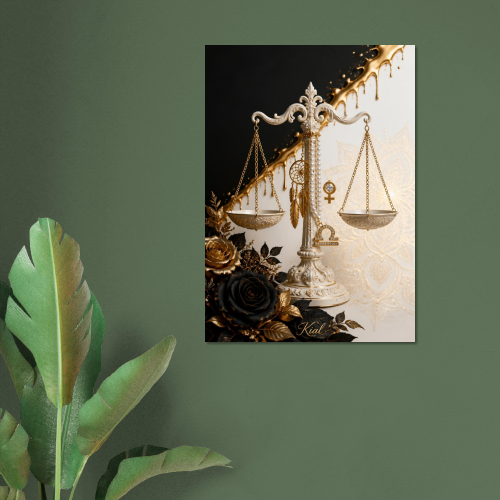Libra Zodiac Scales Poster, Gold Wall Art, Astrology Canvas, Scales Portrait, Zodiac Gift for Her, Danish Art Studio